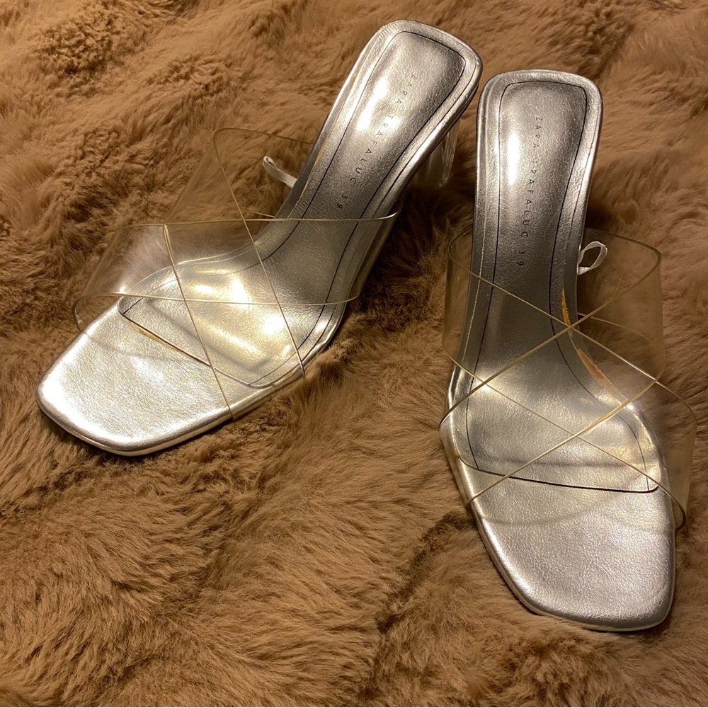ZARA transparent criss-cross straps slide sandals with translucent heels 8.5